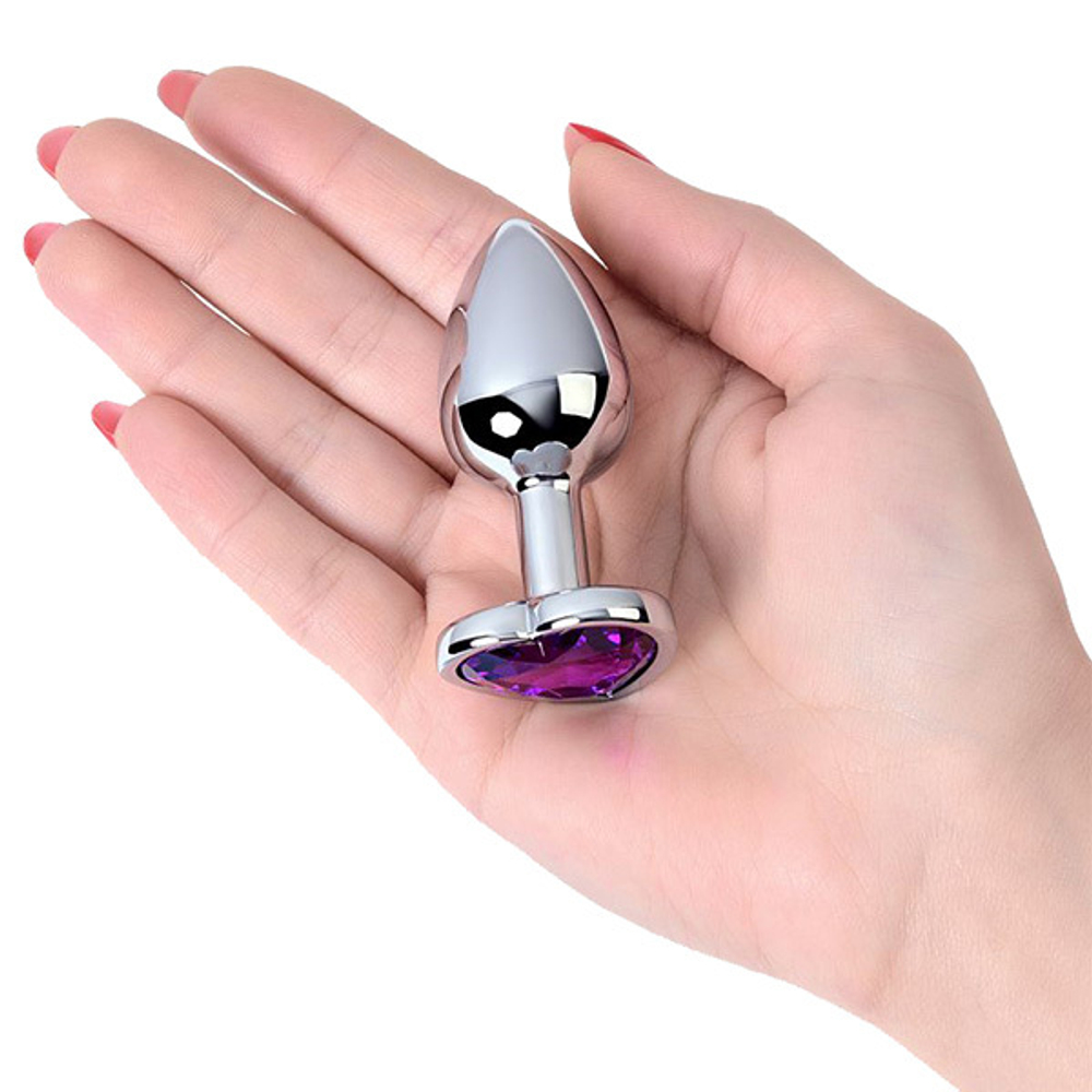 Серебристая коническая анальная пробка 7см с фиолетовым кристаллом-сердечком ToyFa Metal 717013-4