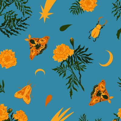 Яркие осенние бархатцы, мотыльки, жуки, луны и кометы на голубом фоне. Bright autumnal marigolds, moths, beetles, moons and comets on blue background