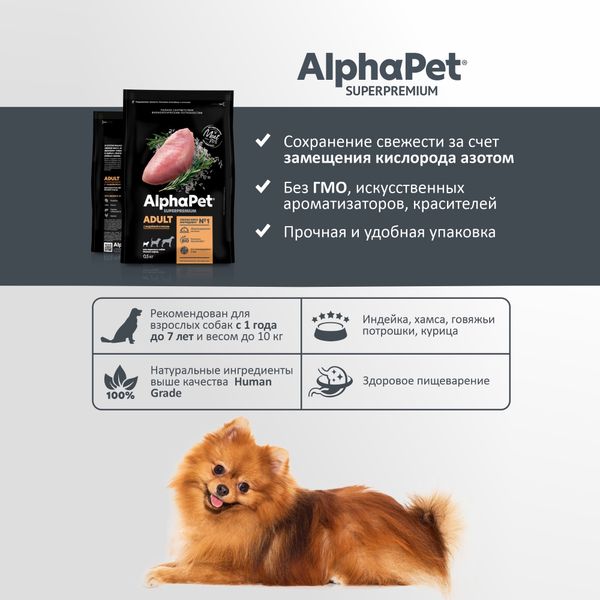 Уценка! Срок 18.05.26/ Сухой корм AlphaPet Superpremium для взрослых собак мелких пород с индейкой и рисом