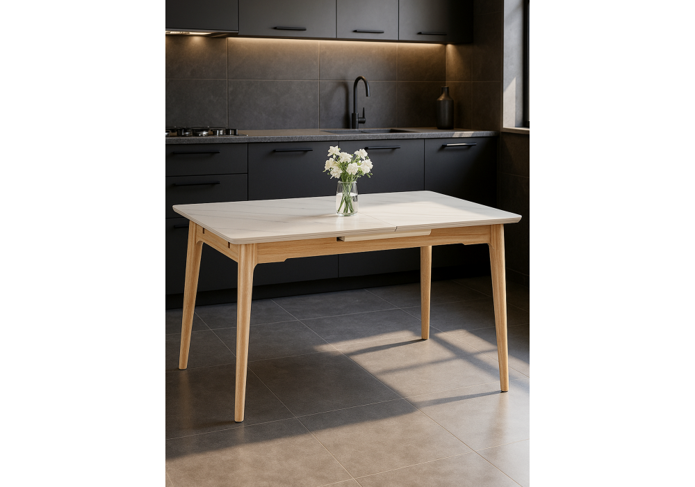 Керамический стол Woodville Halmar 140(180)x80 белый спеченный камень, светлое дерево