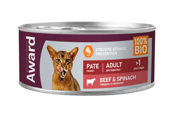 Влажный корм AWARD для взрослых кошек паштет из говядины со шпинатом