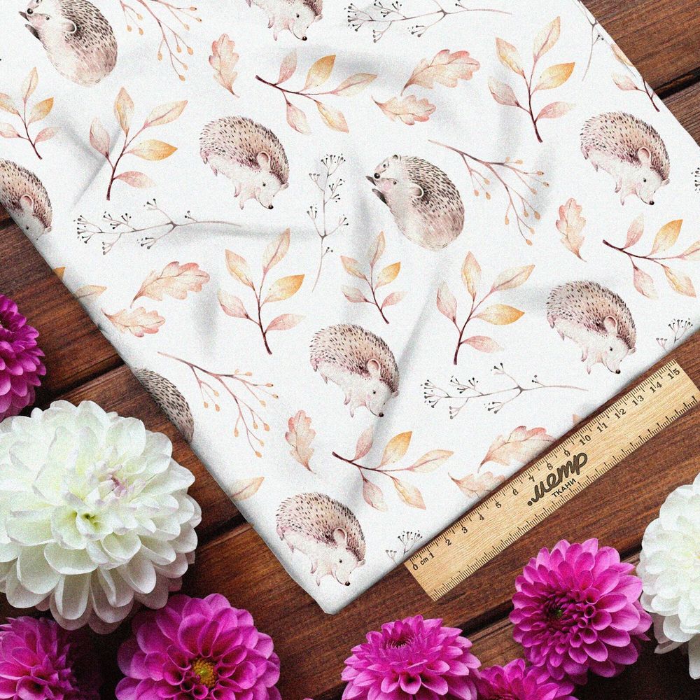 Ткань сатин ёжик с осенними листьями