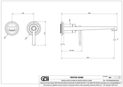 Gessi Venti20 65088 Смеситель для раковины настенный, встраиваемый