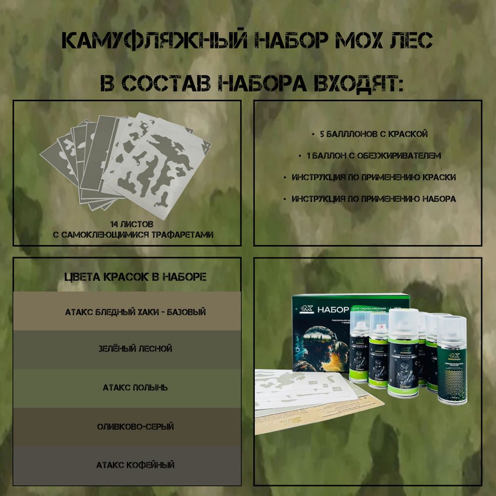 Набор оружейная краска в баллончиках, трафарет "Мох лес", NK Novokraska