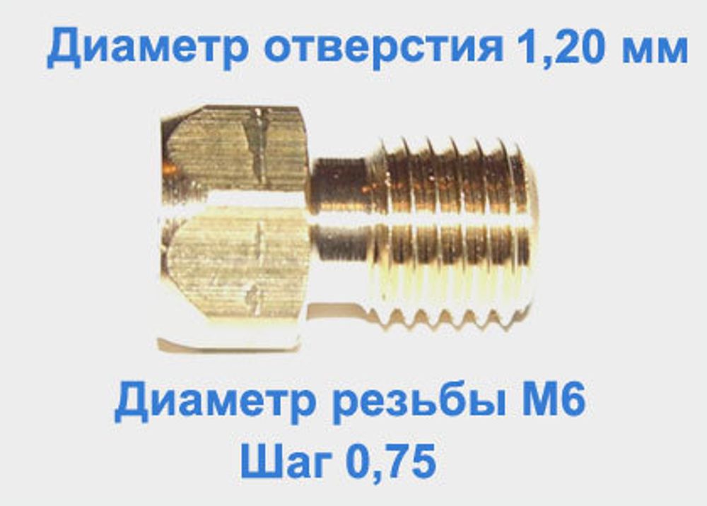 Жиклер диаметром резьбы М 6 с шагом 0,75 мм с отверстием 1,20 мм
