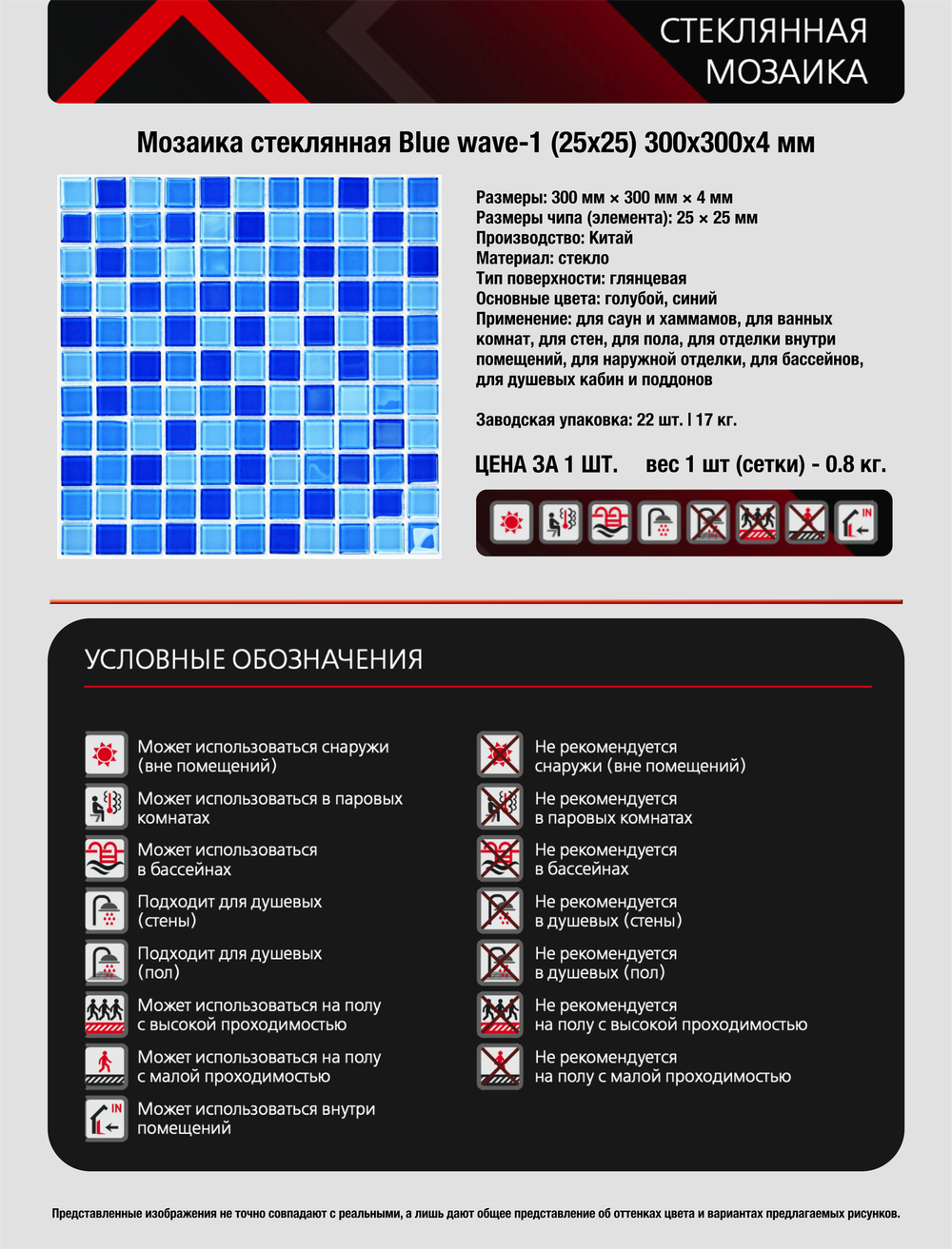 Мозаика стеклянная Blue wave-1/Голубая волна-1 (25х25) 300х300х4 мм