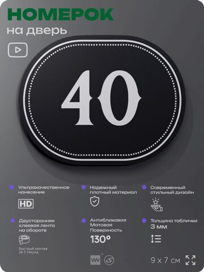 Номерок на дверь квартиры 40, для кабинета, офиса, шильдик 9 х 7 см, черный, Айдентика Технолоджи