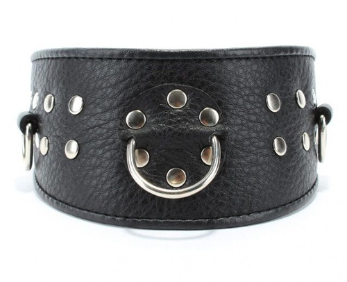 Черный кожаный ошейник  с расширением впереди