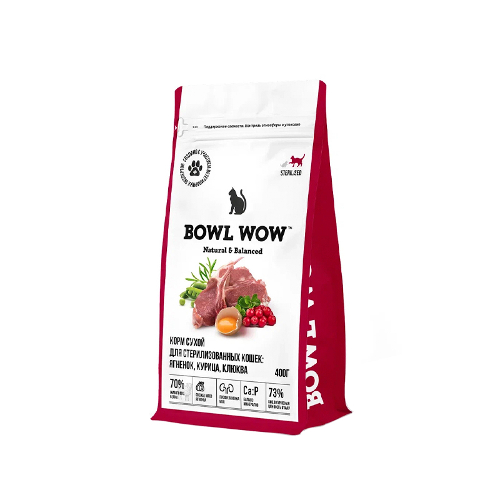 Сухой корм для стерилизованных кошек Ягненок, курица, клюква BOWL WOW