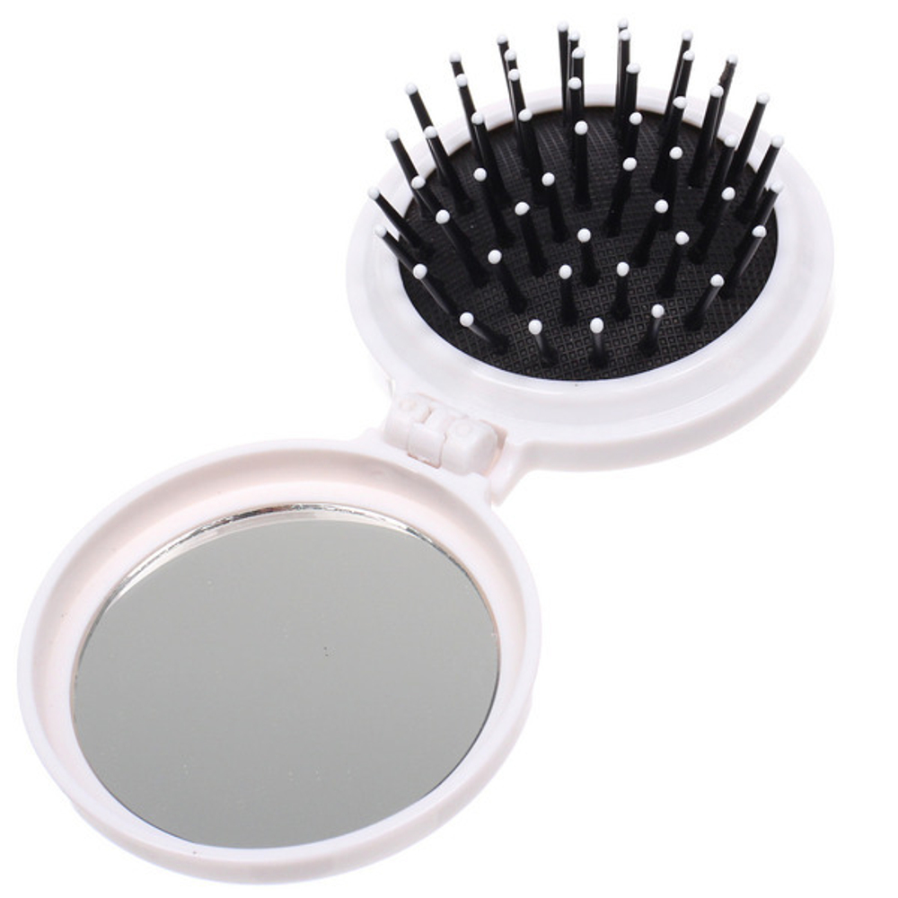 Расчёска массажная складная с зеркалом «БАМБИ БУМ», цвет белый, d-6.5см (пакет с подвесом)