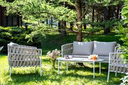 "Диего" лаунж-зона 4-местная плетеная из роупа (веревки), каркас алюминиевый белый, роуп бежевый