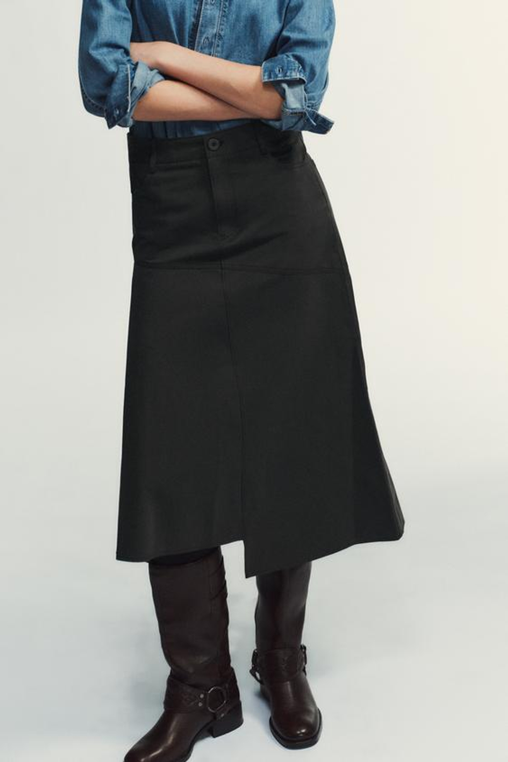 ZARA ЮБКА МИДИ АСИММЕТРИЧНОГО КРОЯ, ЛИНЯЛЫЙ ЧЕРНЫЙ