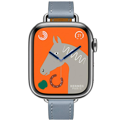 Apple Watch Series 9 Hermes 41 mm, тонкий кожаный ремешок голубого цвета