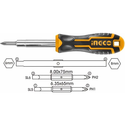 Отвертка комбинированная 6 в 1 Cr-V INGCO INDUSTRIAL AKISD0608