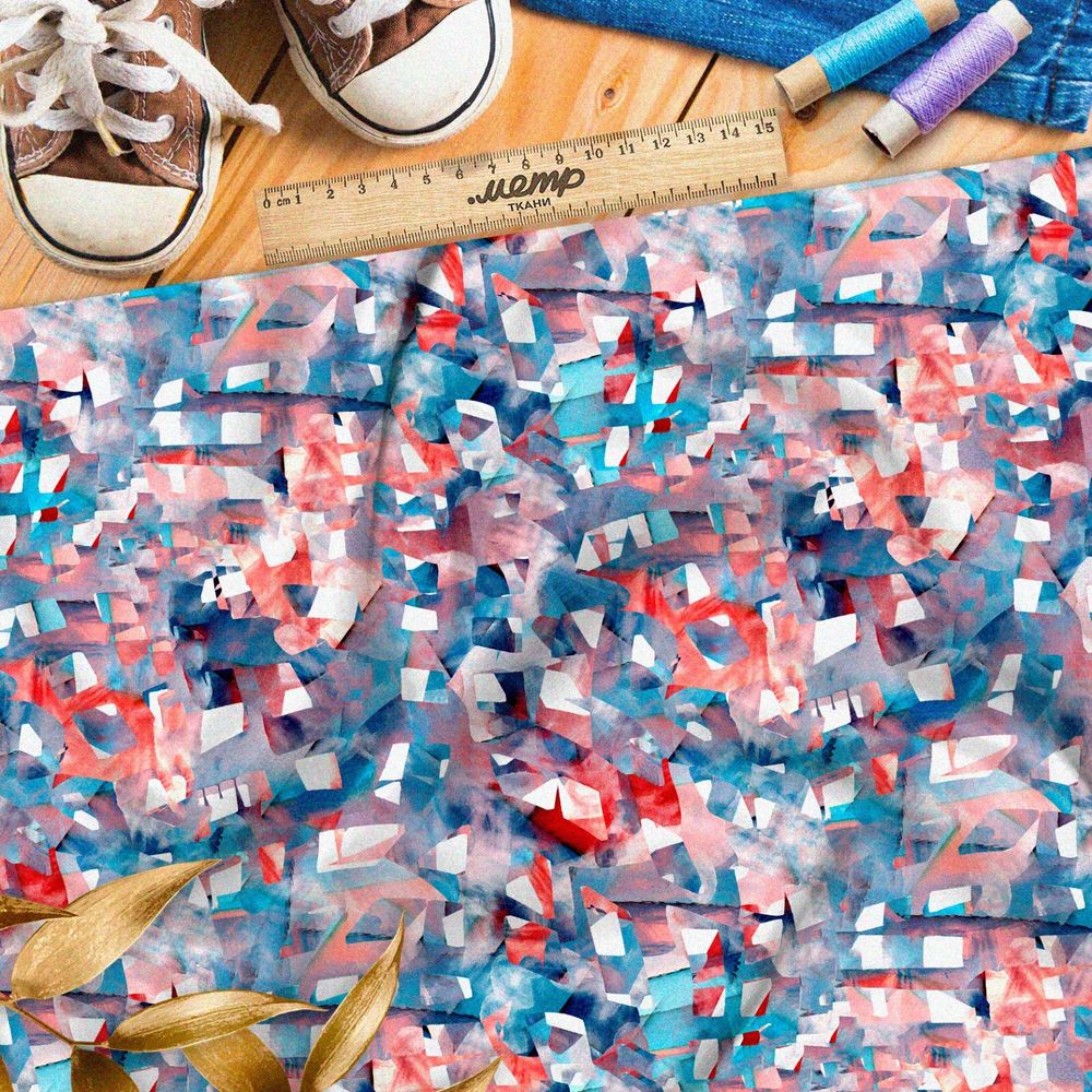 Ткань кулирная гладь розовао-голубая мозаика