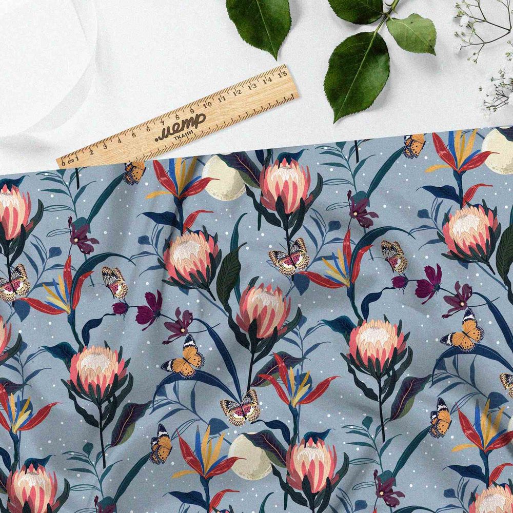 Ткань бифлекс бабочки на бутонах