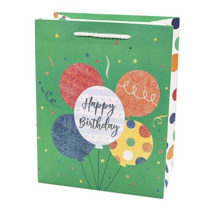 Пакет подарочный, С Днем Рождения! (воздушные шарики), Зеленый, с блестками, 23*18*10 см, 1 шт.