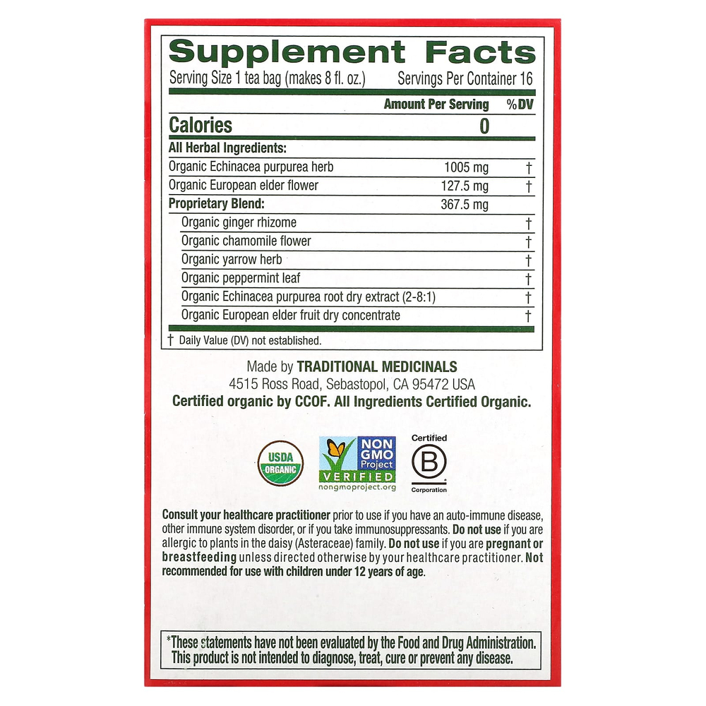 Traditional Medicinals, Organic Echinacea Plus®, бузина, без кофеина, 16 чайных пакетиков, 24 г (0,85 унции)