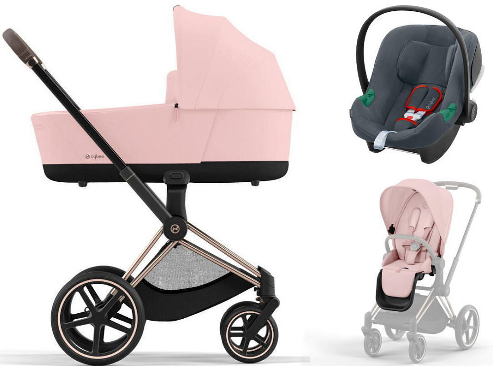 Коляска 3 в 1 Cybex Priam IV Rosegold complete и автокресло Aton B2 i-Size Steel Grey Peach Pink