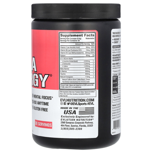 EVLution Nutrition, BCAA Energy®, со вкусом арбуза, 252 г (8,89 унции)
