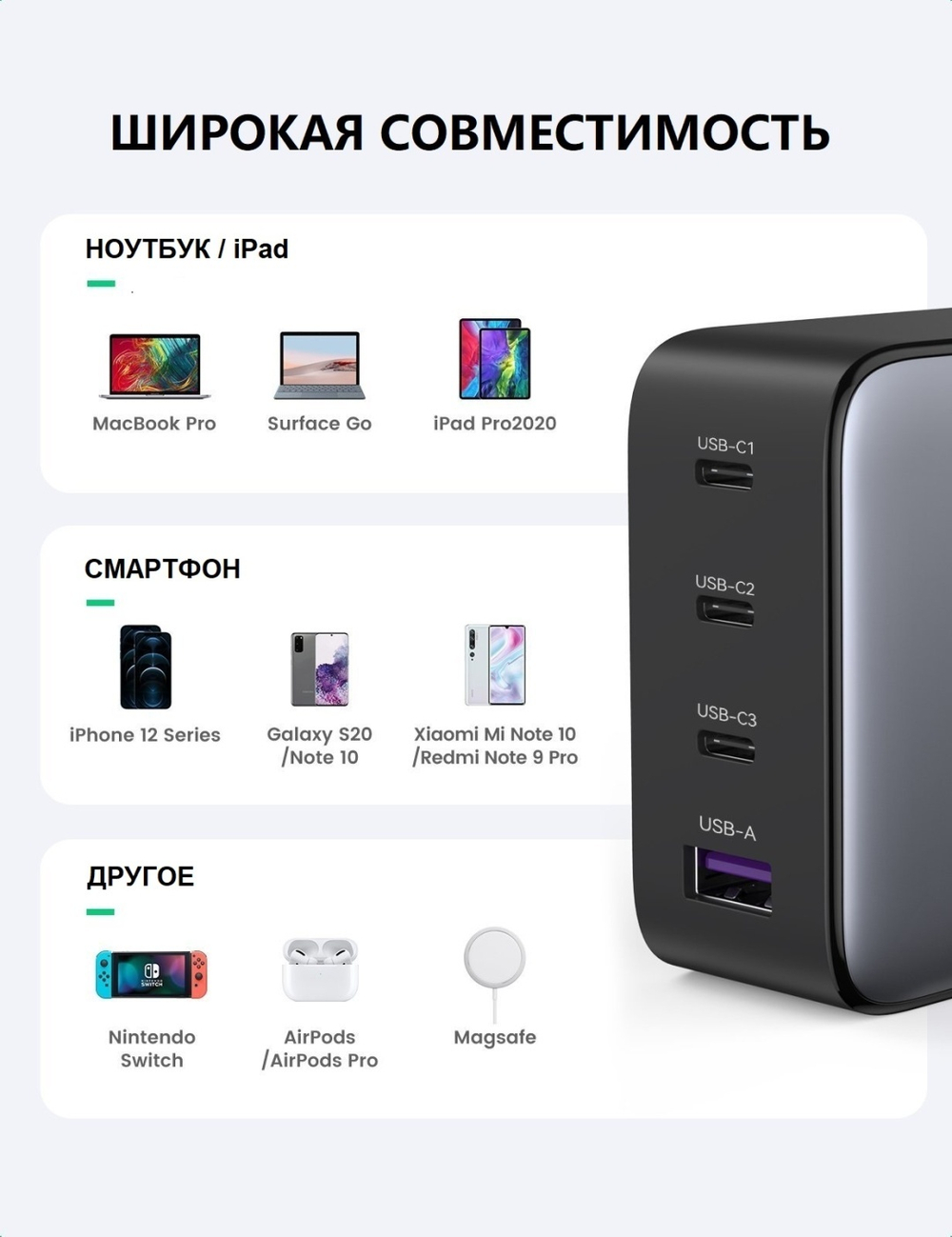 Зарядное устройство Ugreen CD226 40747 USB Type-C, USB черный