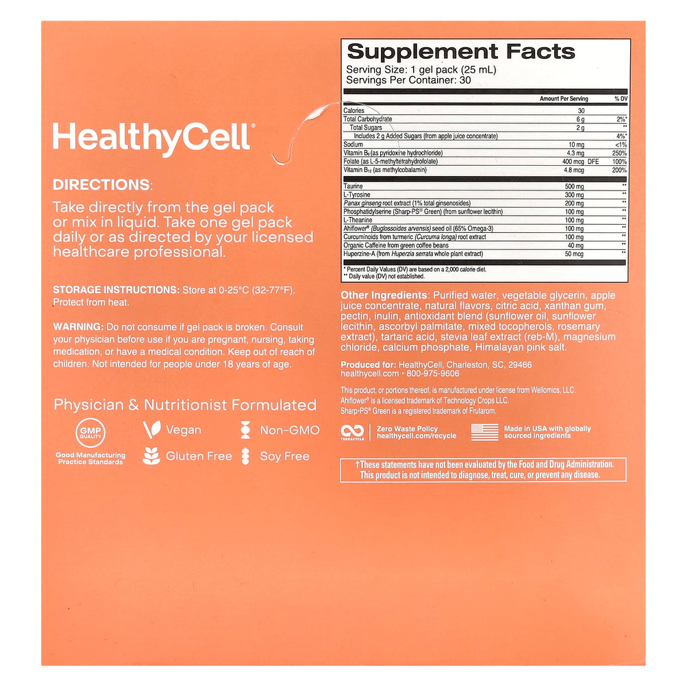 HealthyCell, Focus & Recall, персиковый ананас, 30 гелевых пакетиков по 25 мл (0,84 жидк. Унции)