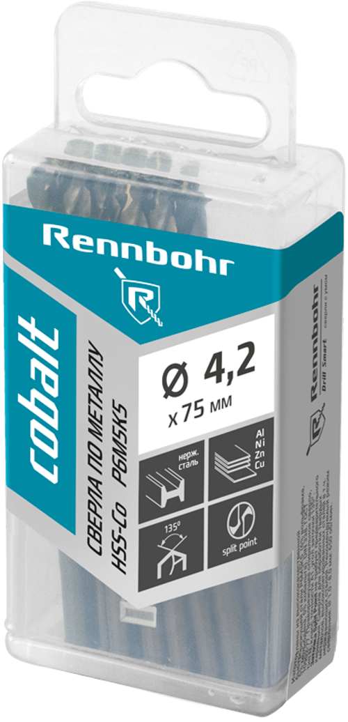 Сверло по металлу, ЦХ, 4,2х75мм, HSS-Co, Р6М5К5, 20шт/уп RENNBOHR COBALT PROM