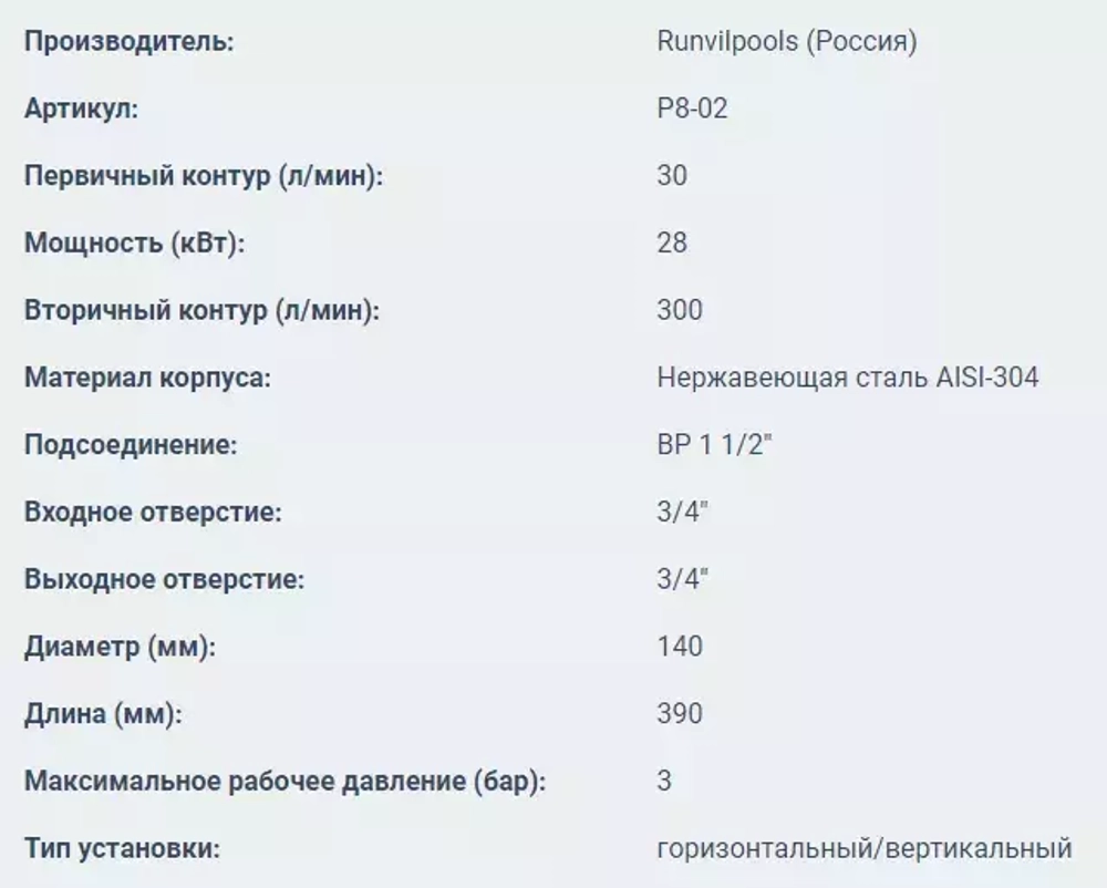 Теплообменник для бассейна горизонтальный - 28кВт, бассейн ВР1½", котел НР¾", AISI-304 - Р8-02 - Runvil Pools, Россия