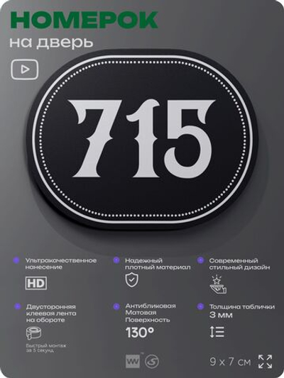 Номерок на дверь квартиры 715, для кабинета, офиса, шильдик 9 х 7 см, черный, Айдентика Технолоджи