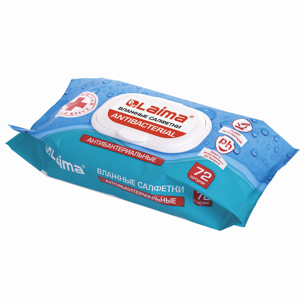 Салфетки влажные 72 шт. АНТИБАКТЕРИАЛЬНЫЕ с пластиковым клапаном LAIMA "Antibacterial" (8 штук в упаковке)