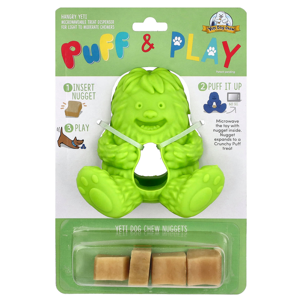 Yeti Dog Chew, Puff & Play, дозатор лакомств, жевательные таблетки для собак, зеленый, 4 жевательных конфеты, 1 дозатор
