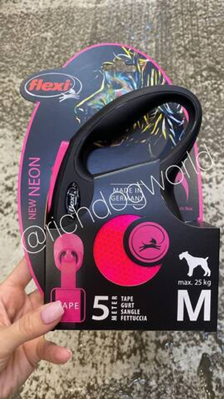 Flexi рулетка Neon New - M (до 25 кг) светоотражающая, розовый неон (5 м, лента)