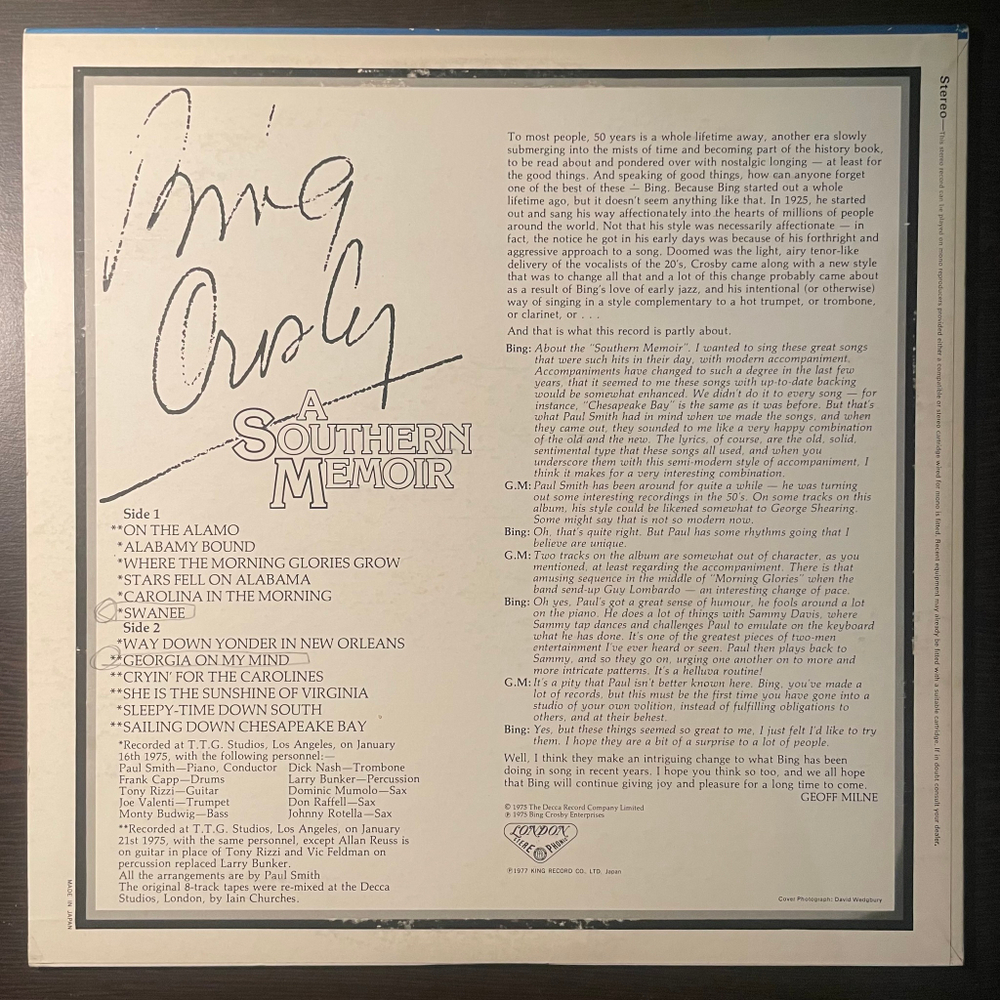 Bing Crosby ‎– A Southern Memoir (Япония 1975г.)