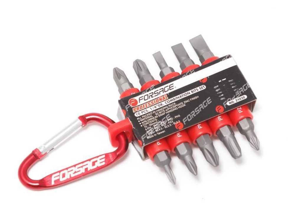 1/4''набор бит 10пр. (PH.0,1,2,3, PZ.1,2,3, SL 4, 5.5, 6.5мм - 25ммL) Forsage F-21030