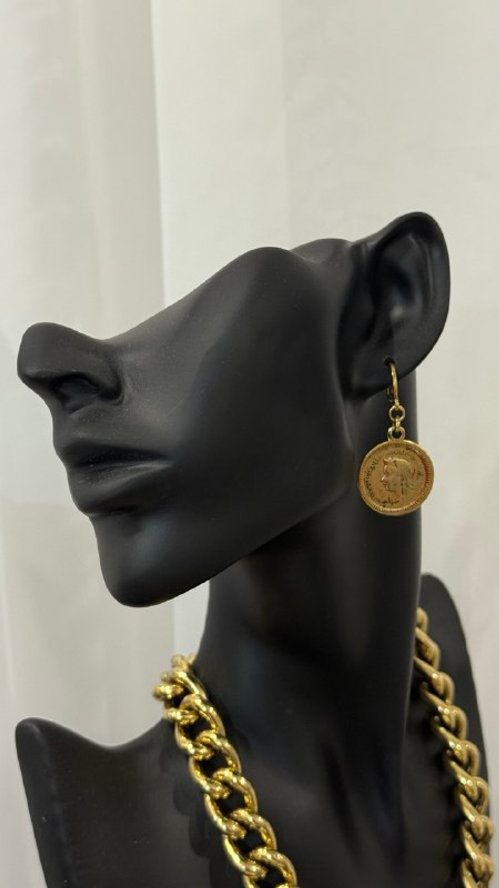 Серьги золотые монеты с профилем, оттенок золото