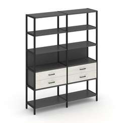 Shelf System Двухсекционный стеллаж пятиярусный с ящиками SN.STM-522 Антрацит/Дуб Наварра/Металл Чер