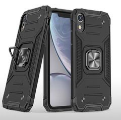 Противоударный чехол для iPhone XR черный с пластиной для магнитного автодержателя и кольцом подставкой
