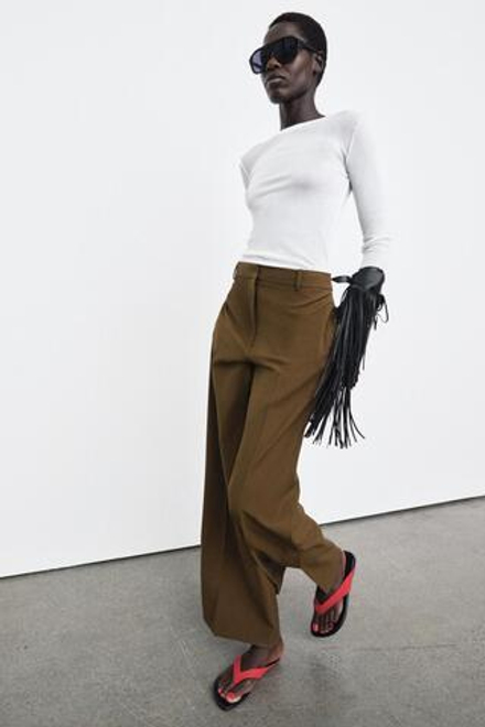 ZARA БРЮКИ ПРЯМОГО КРОЯ С РАЗРЕЗАМИ — ZW COLLECTION, ХАКИ