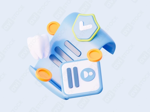 Стоматологическая страховка и биллинг — 3D иллюстрация: зуб, щит, счет и монеты