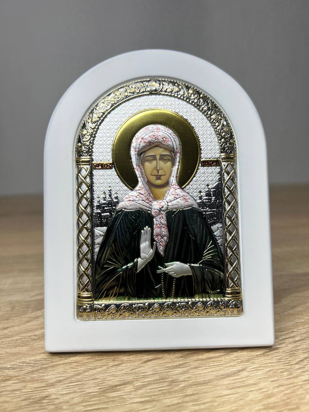 Матрона, икона арочная, белое дерево, эмаль 105х140