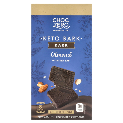 ChocZero, Keto Bark, темный шоколад, миндаль с морской солью, 8 батончиков, 90 г (3,2 унции)