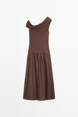 Massimo Dutti Платье миди с открытым плечом, коричневый