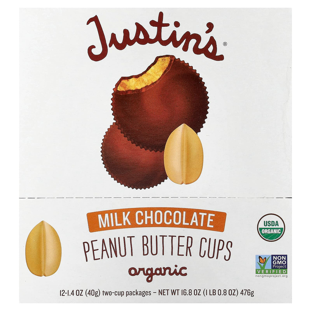 Justin's Nut Butter, Organic Peanut Butter Cups, Milk Chocolate, 12 Two-Cup Packages, 1.4 oz (40 g) Each