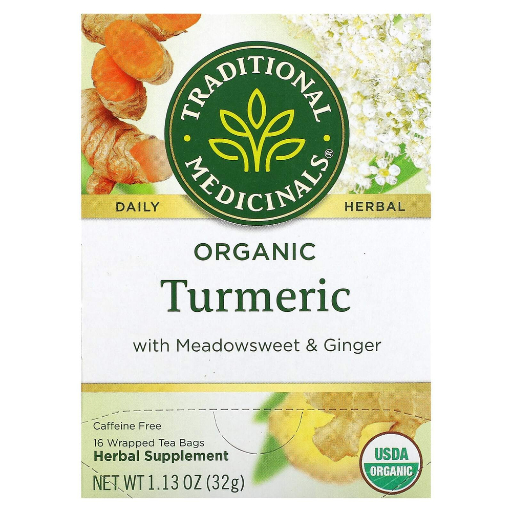 Traditional Medicinals, Органическая куркума с таволгой и имбирем, без кофеина, 16 чайных пакетиков в упаковке, 32 г (1,13 унции)