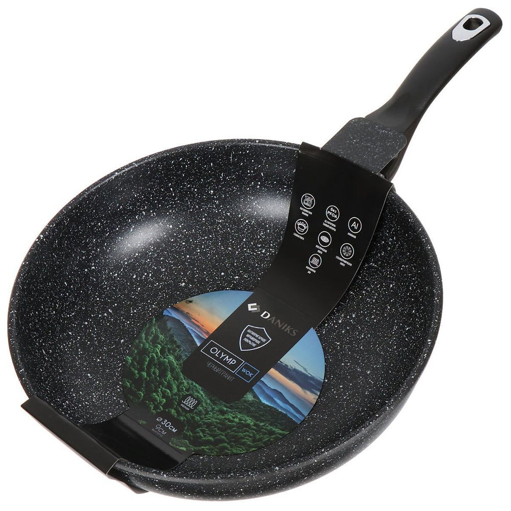 Сковорода алюминий, 30 см, антиприг, Daniks, Олимп Гранит, чер, WOK309-BLM-IND, индукц