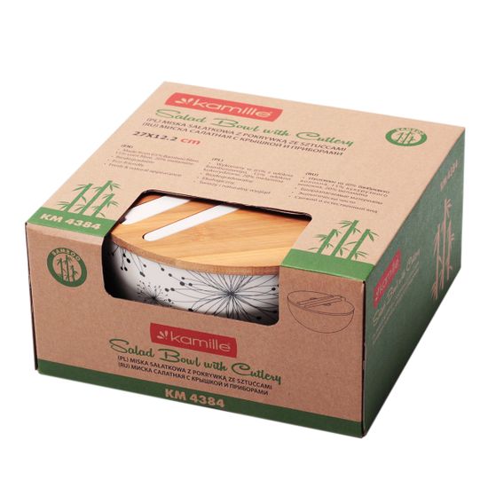 Миска для салата из бамбукового волокна Kamille КМ 4384 с бамбуковой крышкой и приборами