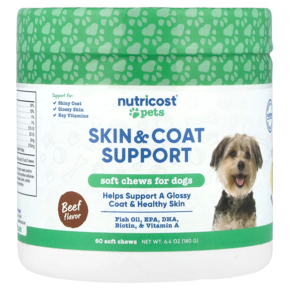 Nutricost, Pets, для поддержки кожи и шерсти, для собак, говядина, 60 жевательных таблеток, 180 г (6,4 унции)