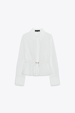 ZARA РУБАШКА ИЗ ПОПЛИНА С ДЕКОРАТИВНОЙ СТРОЧКОЙ, БЕЛЫЙ