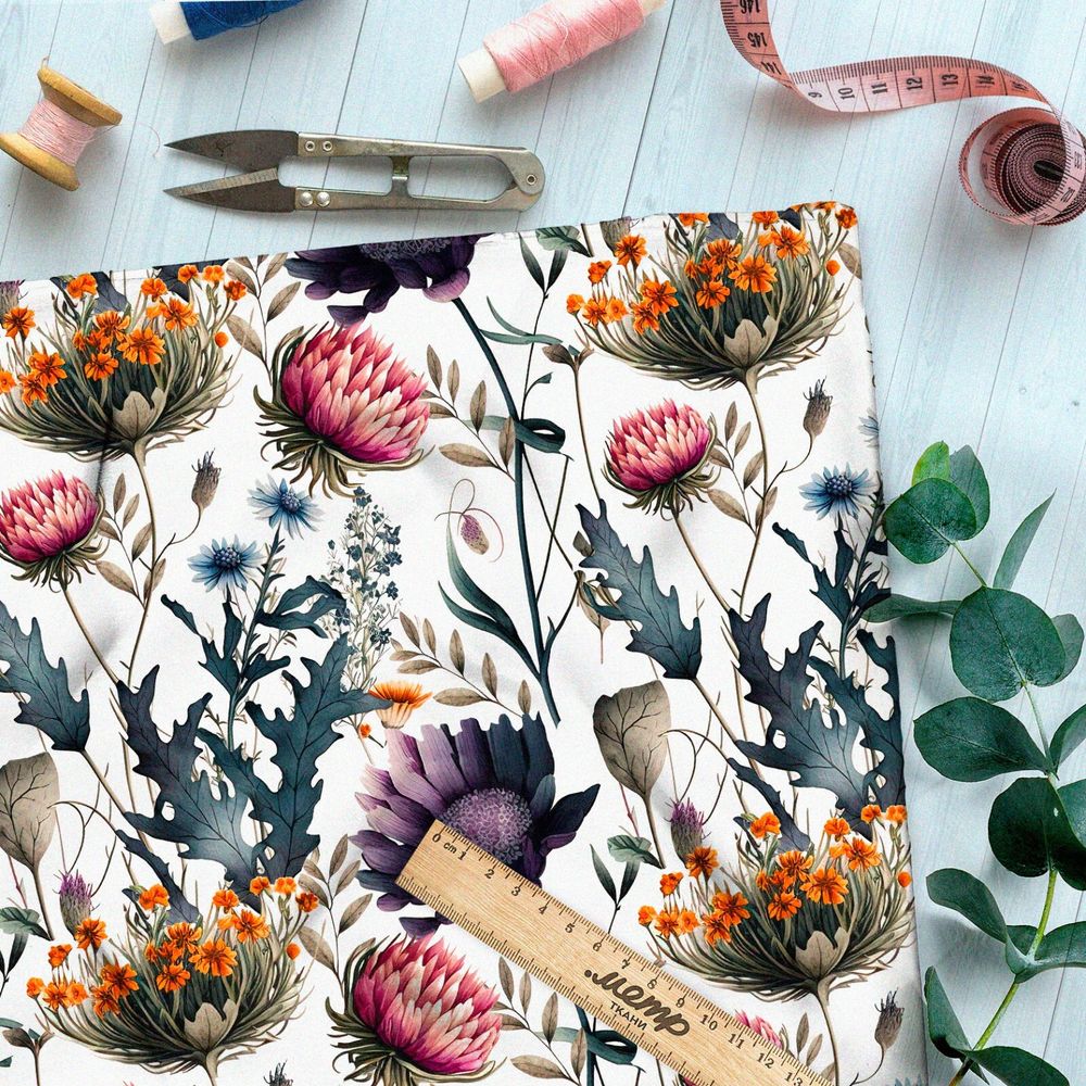 Ткань футер 2-х нитка яркие акварельные полевые цветочки