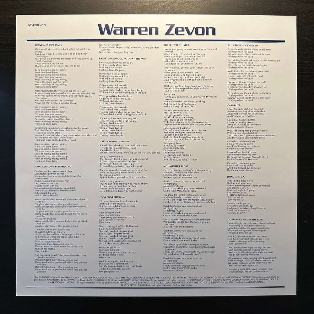 Warren Zevon - Warren Zevon (Европа 2019г.)